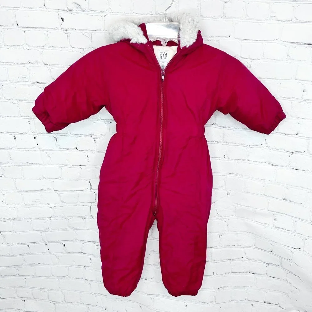 BABY GAP 2XL RED FAUX FUR HOODED FLEECE LINED SNOW SUIT!